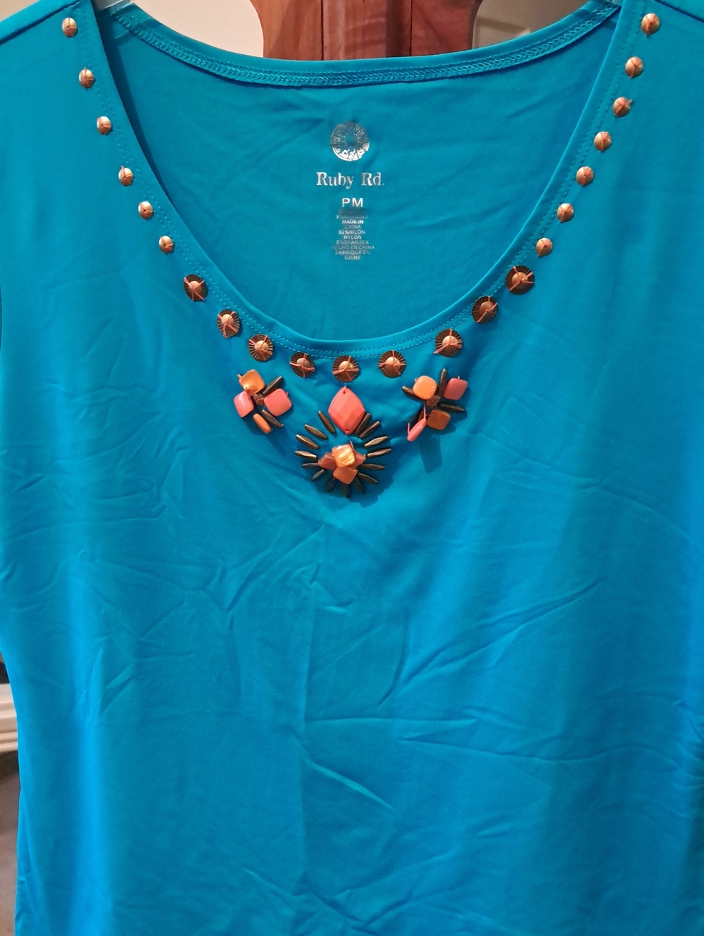 Ruby Rd. Teal Jewel-Embellished Crew-Neck Shell